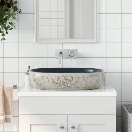 vidaXL Lavabo sobre encimera ovalado cerámica arena y azul 59x40x14 cm