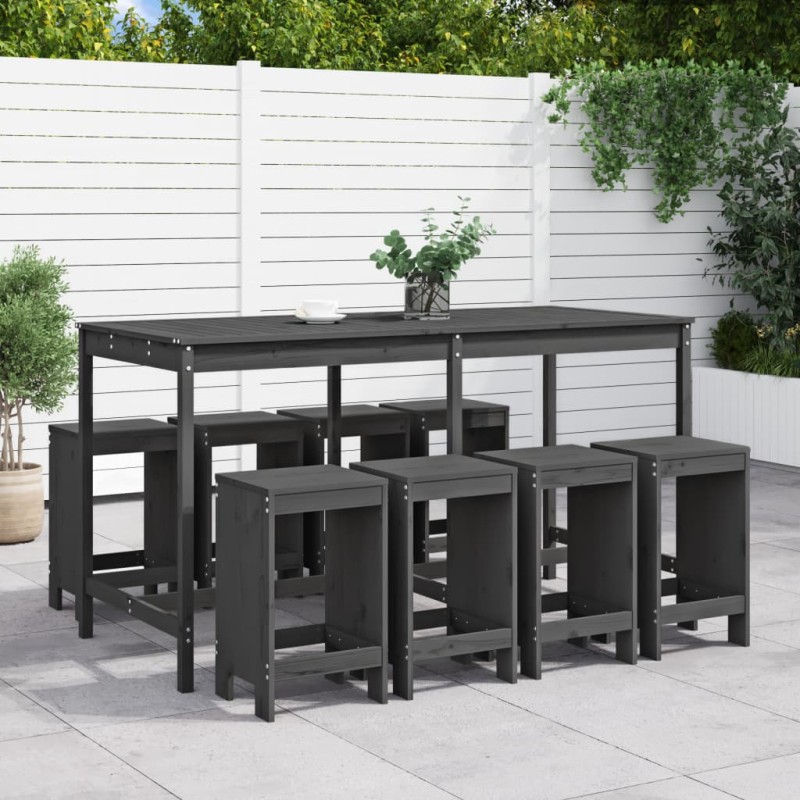 vidaXL Mesa y taburetes altos jardín 9 pzas madera maciza de pino gris