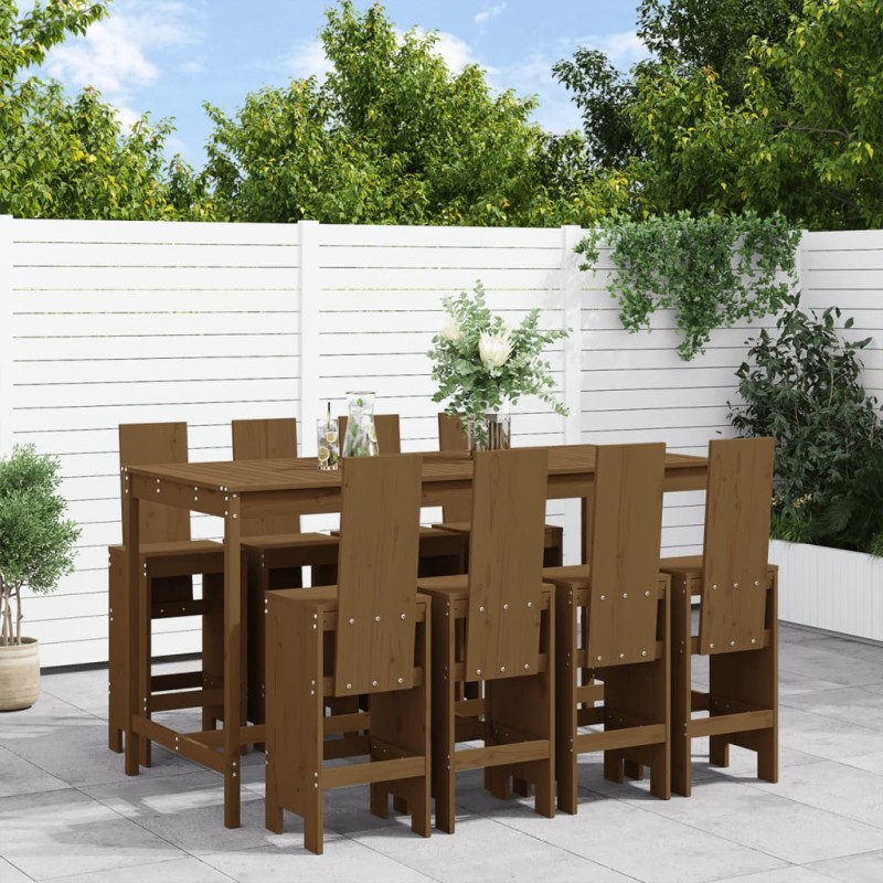 vidaXL Mesa y taburetes altos de jardín 9 pzas madera pino marrón miel vidaXL Mesa y taburetes altos de jardín 9 pzas madera pino marrón miel