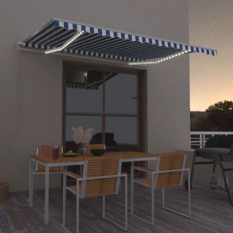 vidaXL Toldo automático LED sensor de viento azul y blanco 450x350 cm vidaXL Toldo automático LED sensor de viento azul y blanco 450x350 cm