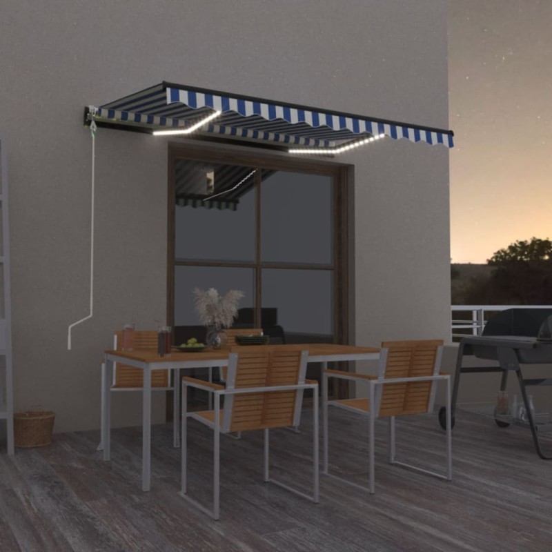 vidaXL Toldo automático LED sensor de viento azul y blanco 350x250 cm vidaXL Toldo automático LED sensor de viento azul y blanco 350x250 cm