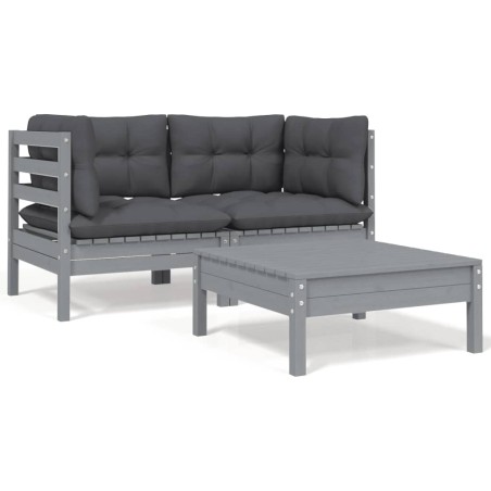 vidaXL Juego muebles de jardín 3 pzas cojines gris madera pino maciza