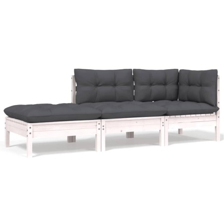 vidaXL Juego muebles jardín 3 pzas cojines blanco madera pino maciza