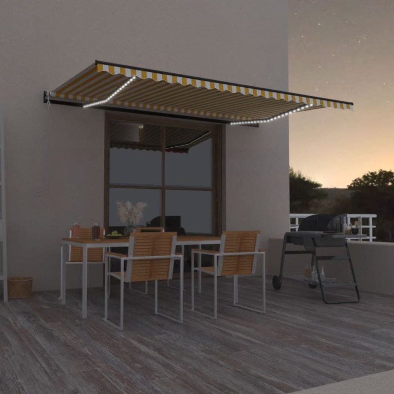 vidaXL Toldo automático LED sensor de viento amarillo blanco 500x350cm vidaXL Toldo automático LED sensor de viento amarillo blanco 500x350cm
