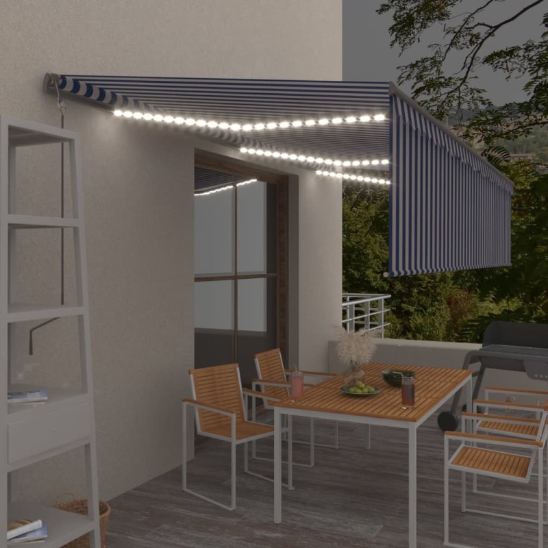 vidaXL Toldo automático persiana LED sensor de viento azul blanco 6x3m vidaXL Toldo automático persiana LED sensor de viento azul blanco 6x3m