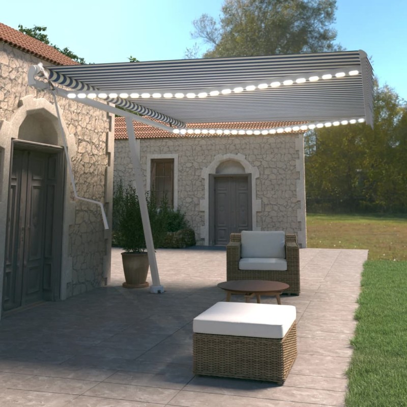 vidaXL Toldo automático LED sensor de viento azul y blanco 500x350 cm vidaXL Toldo automático LED sensor de viento azul y blanco 500x350 cm