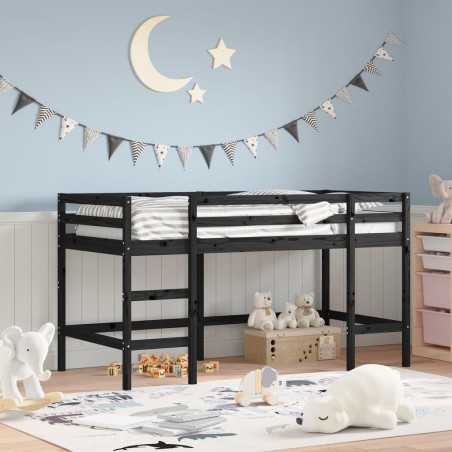 vidaXL Cama alta de niños escalera madera maciza pino negra 90x190 cm