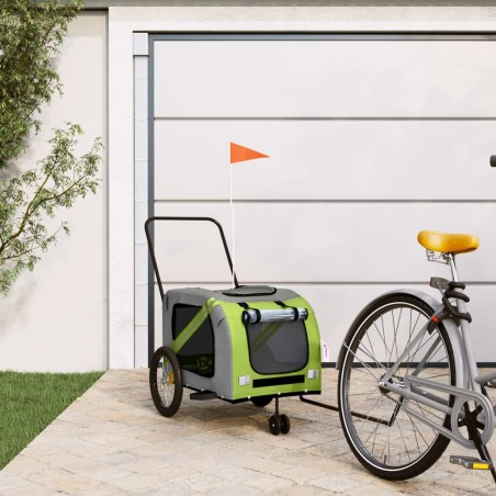 vidaXL Remolque de bicicleta mascotas hierro tela Oxford verde gris