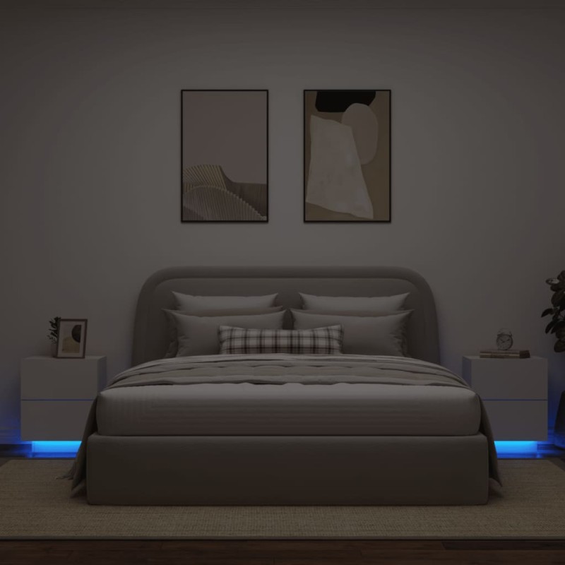 vidaXL Mesitas de noche con luces LED 2 uds madera ingeniería blanca vidaXL Mesitas de noche con luces LED 2 uds madera ingeniería blanca