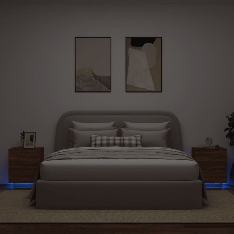 vidaXL Mesitas de noche luces LED 2 uds madera ingeniería roble marrón vidaXL Mesitas de noche luces LED 2 uds madera ingeniería roble marrón