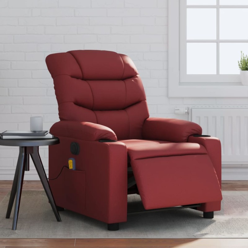 vidaXL Sillón masaje reclinable eléctrico cuero sintético rojo tinto vidaXL Sillón masaje reclinable eléctrico cuero sintético rojo tinto