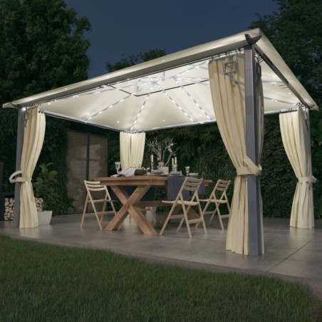 vidaXL Cenador con cortina y tira luces LED aluminio crema 400x300 cm