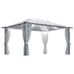 vidaXL Cenador con cortina y tira luces LED aluminio crema 400x300 cm