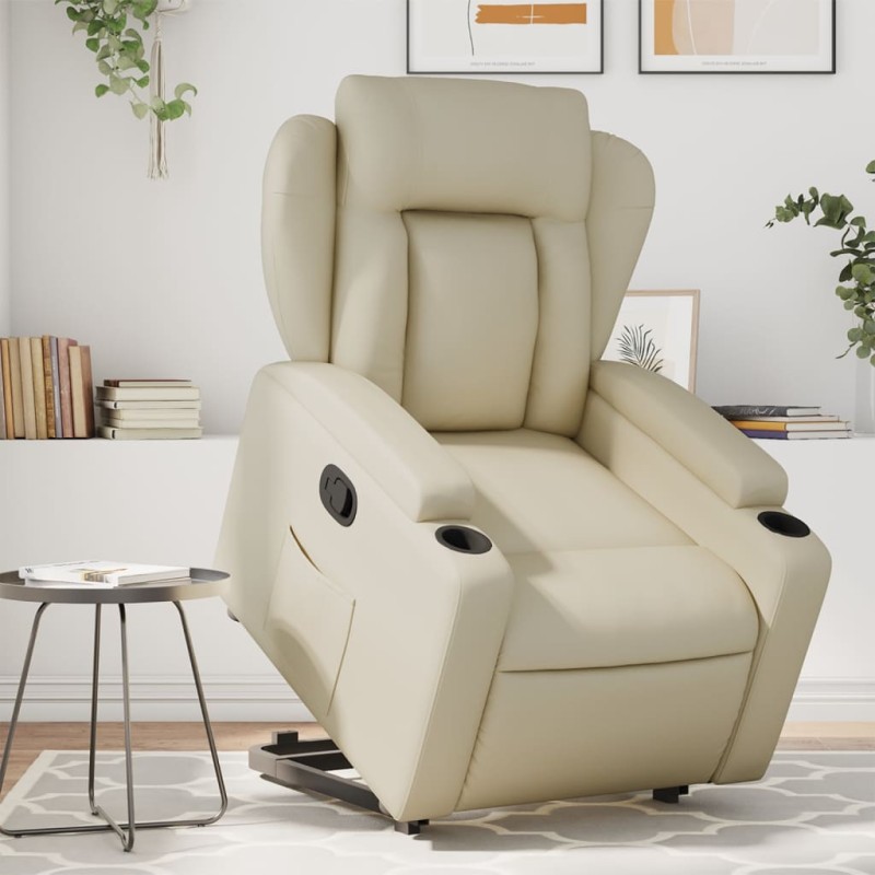 vidaXL Sillón reclinable elevable cuero artificial color crema vidaXL Sillón reclinable elevable cuero artificial color crema