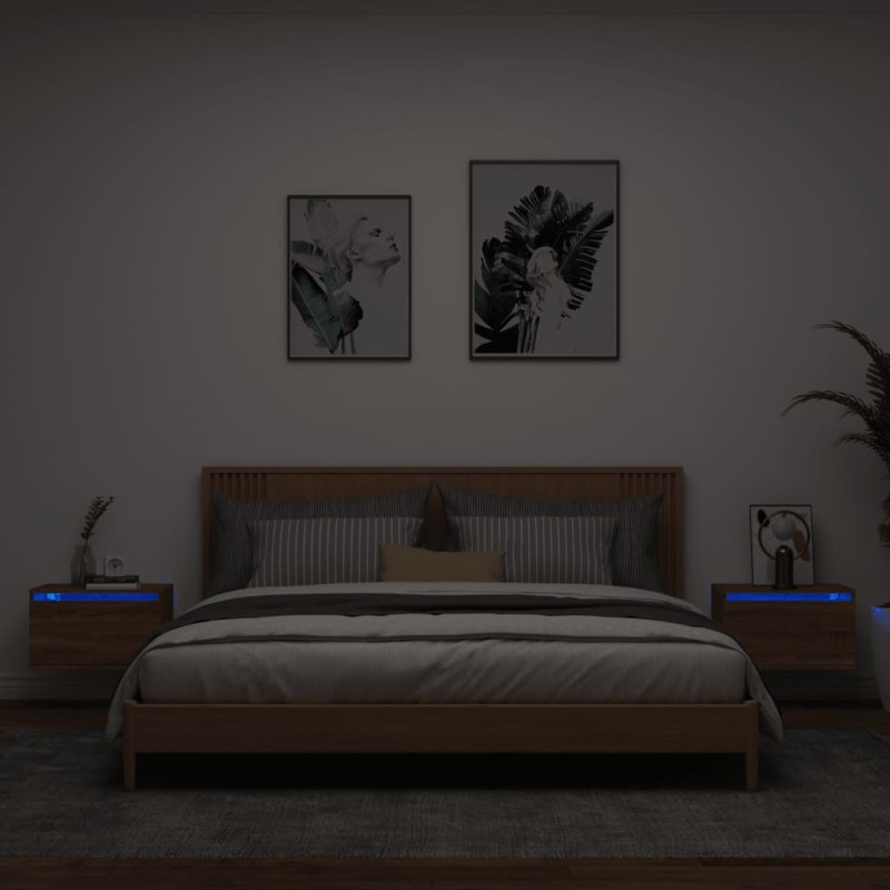 vidaXL Mesitas de noche de pared con luces LED 2 unidades roble marrón vidaXL Mesitas de noche de pared con luces LED 2 unidades roble marrón