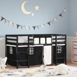 vidaXL Cama alta niños con cortinas madera pino blanco negro 80x200 cm