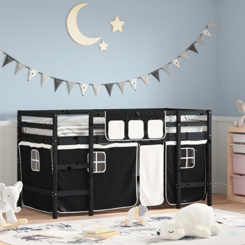 vidaXL Cama alta niños con cortinas madera pino blanco negro 80x200 cm