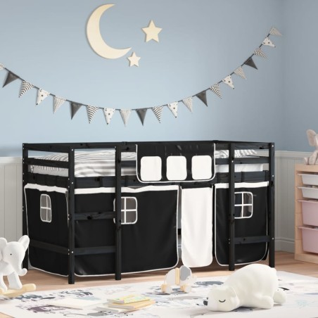 vidaXL Cama alta niños con cortinas madera pino blanco negro 80x200 cm