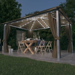 vidaXL Cenador con cortina y tira de luz LED aluminio taupé 400x300cm