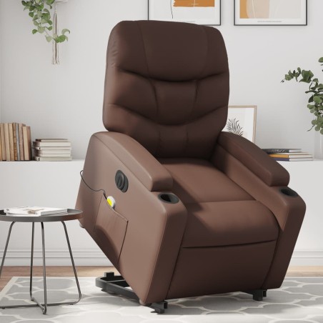 vidaXL Sillón de masaje elevable eléctrico cuero sintético marrón