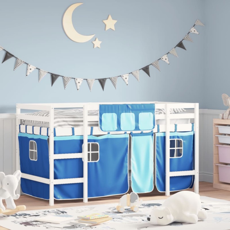 vidaXL Cama alta para niños con cortinas madera pino azul 90x190 cm vidaXL Cama alta para niños con cortinas madera pino azul 90x190 cm