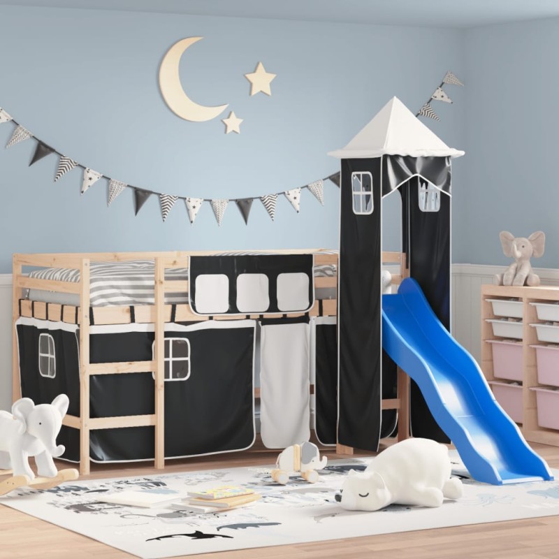 vidaXL Cama alta niños con torre madera pino blanco negro 90x190 cm vidaXL Cama alta niños con torre madera pino blanco negro 90x190 cm
