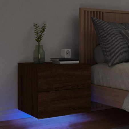 vidaXL Mesita de noche de pared con luces LED roble marrón