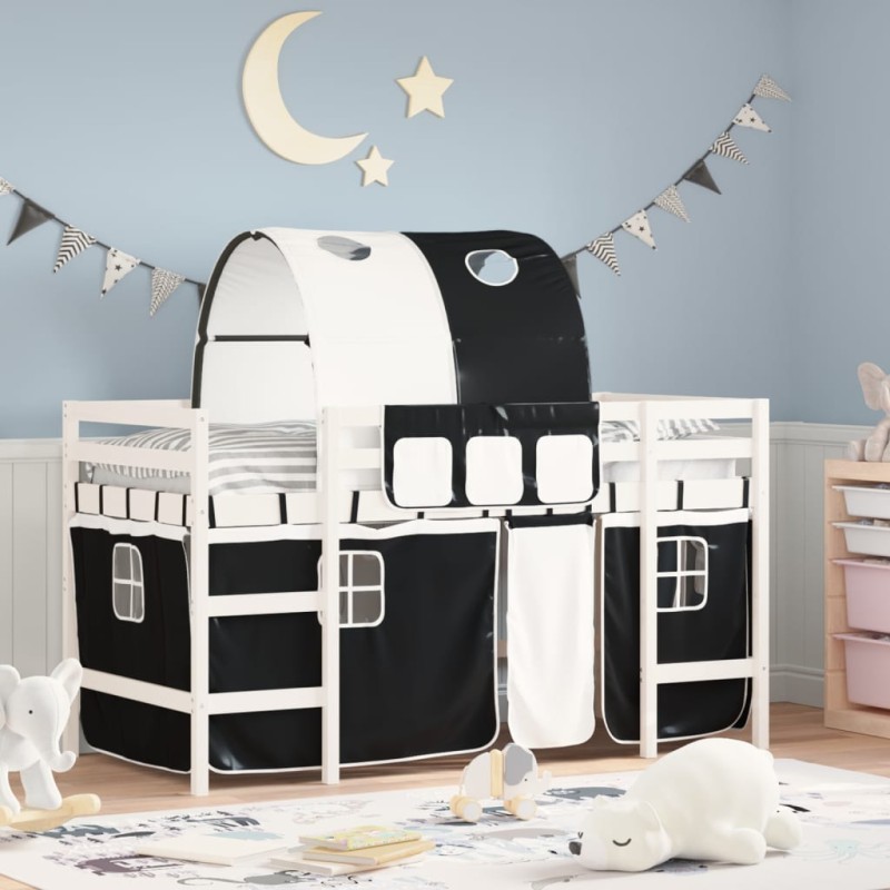 vidaXL Cama alta niños con túnel madera pino blanco negro 90x190 cm vidaXL Cama alta niños con túnel madera pino blanco negro 90x190 cm