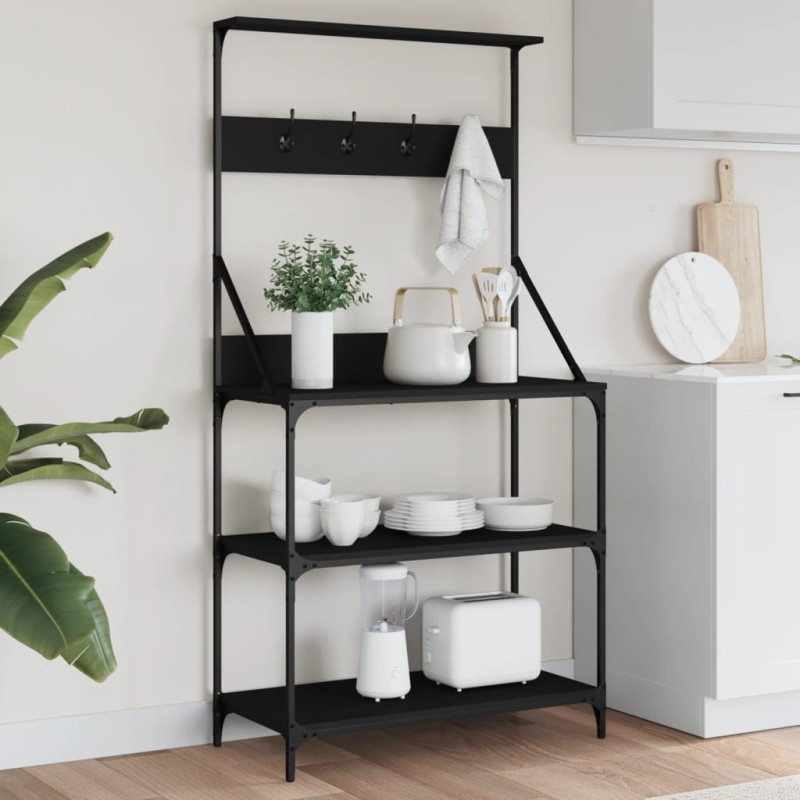 vidaXL Estantería cocina con ganchos 4 niveles madera ingeniería negro vidaXL Estantería cocina con ganchos 4 niveles madera ingeniería negro