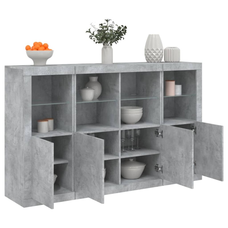 vidaXL Aparador con luz LED 3 pzas madera de ingeniería gris hormigón vidaXL Aparador con luz LED 3 pzas madera de ingeniería gris hormigón
