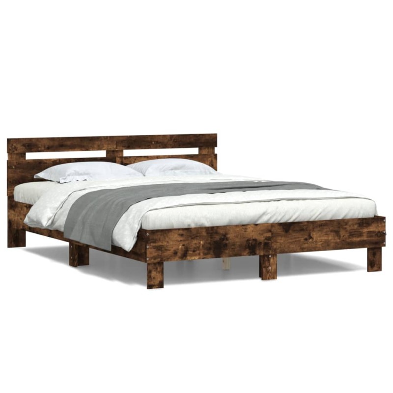 vidaXL Estructura de cama cabecero y luces LED roble ahumado 140x200cm vidaXL Estructura de cama cabecero y luces LED roble ahumado 140x200cm
