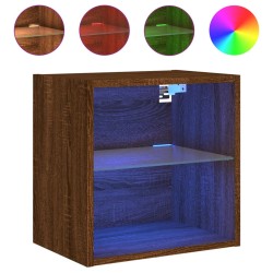 vidaXL Mesita de noche de pared con luces LED roble marrón