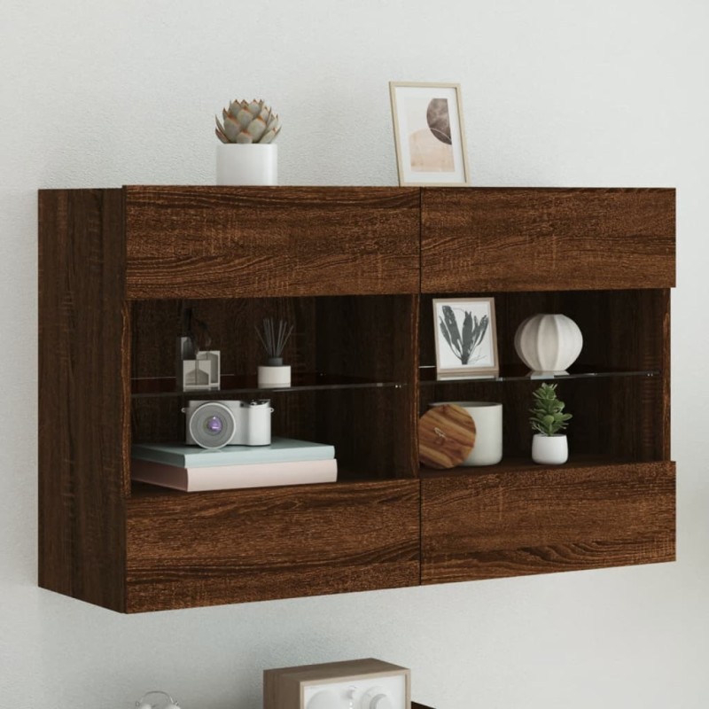 vidaXL Mueble TV de pared con luces LED roble marrón 98,5x30x60,5 cm