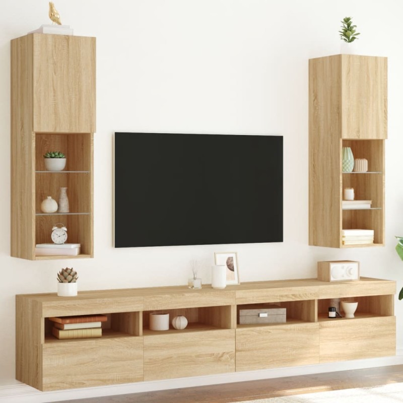 vidaXL Muebles de TV con luces LED 2 uds roble Sonoma 30,5x30x102 cm vidaXL Muebles de TV con luces LED 2 uds roble Sonoma 30,5x30x102 cm