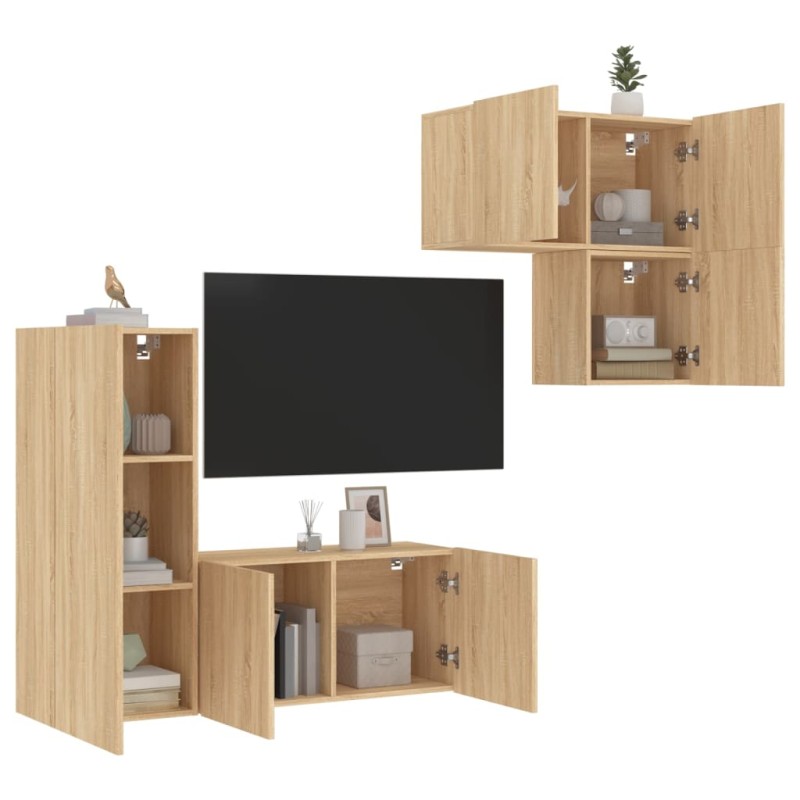 vidaXL Muebles de TV de pared 4 pzas madera de ingeniería roble Sonoma vidaXL Muebles de TV de pared 4 pzas madera de ingeniería roble Sonoma