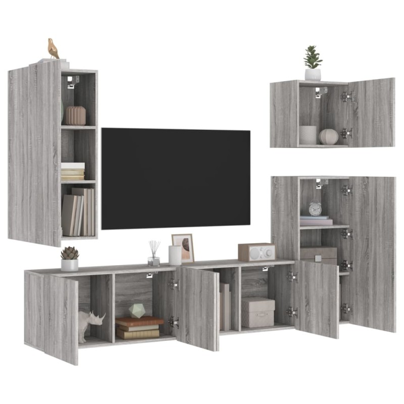 vidaXL Muebles de TV de pared 5 pzas madera de ingeniería gris Sonoma vidaXL Muebles de TV de pared 5 pzas madera de ingeniería gris Sonoma