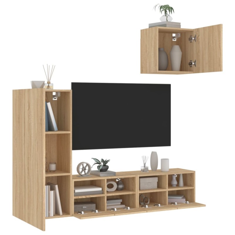 vidaXL Muebles de TV de pared 4 pzas madera de ingeniería roble Sonoma vidaXL Muebles de TV de pared 4 pzas madera de ingeniería roble Sonoma