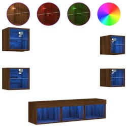 vidaXL Muebles TV pared con LED 7 pzas madera ingeniería marrón roble