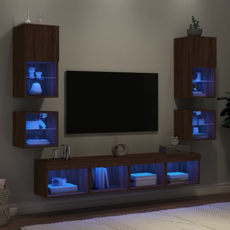 vidaXL Muebles TV pared con LED 8 pzas madera ingeniería marrón roble
