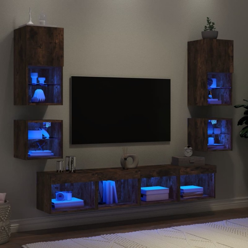 vidaXL Muebles TV pared con LED 8 pzas madera ingeniería roble ahumado