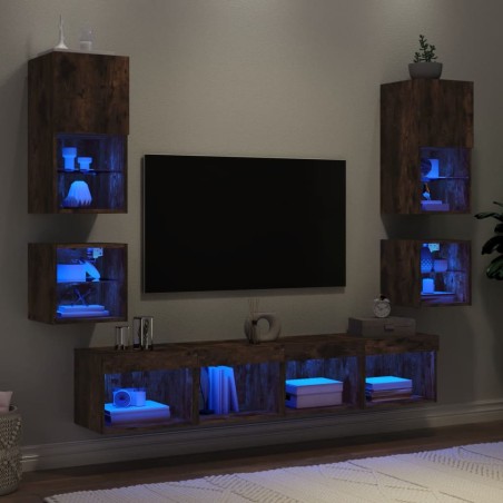 vidaXL Muebles TV pared con LED 8 pzas madera ingeniería roble ahumado