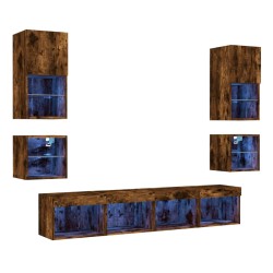 vidaXL Muebles TV pared con LED 8 pzas madera ingeniería roble ahumado