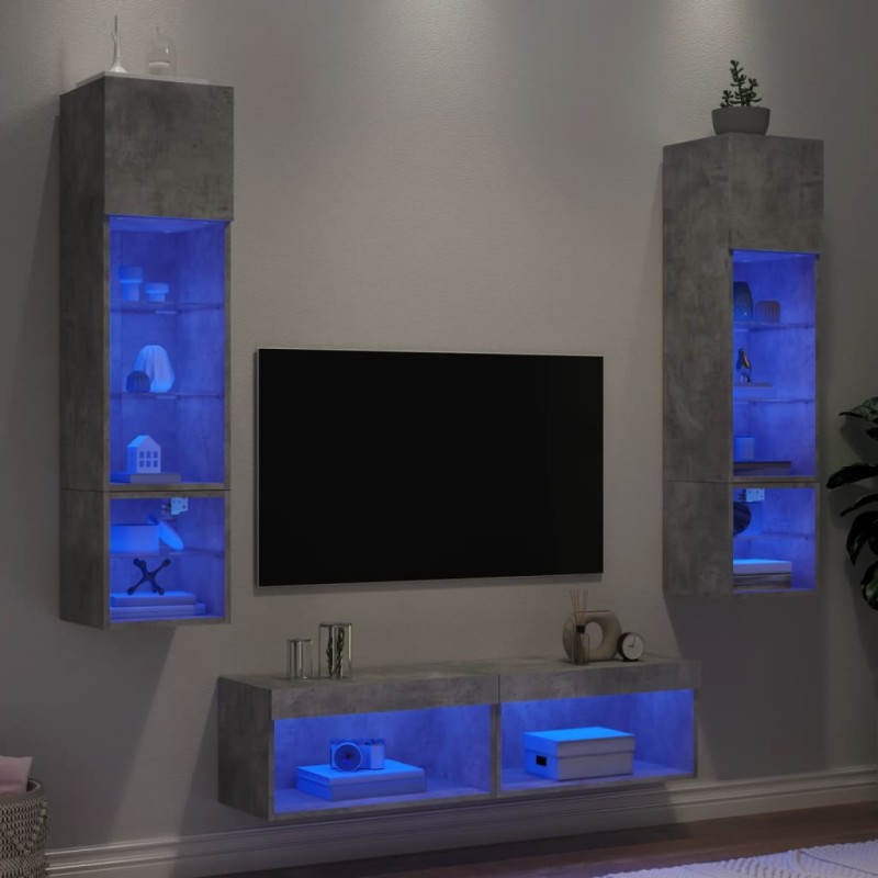 vidaXL Muebles TV pared con LED 6 pzas madera ingeniería gris hormigón vidaXL Muebles TV pared con LED 6 pzas madera ingeniería gris hormigón