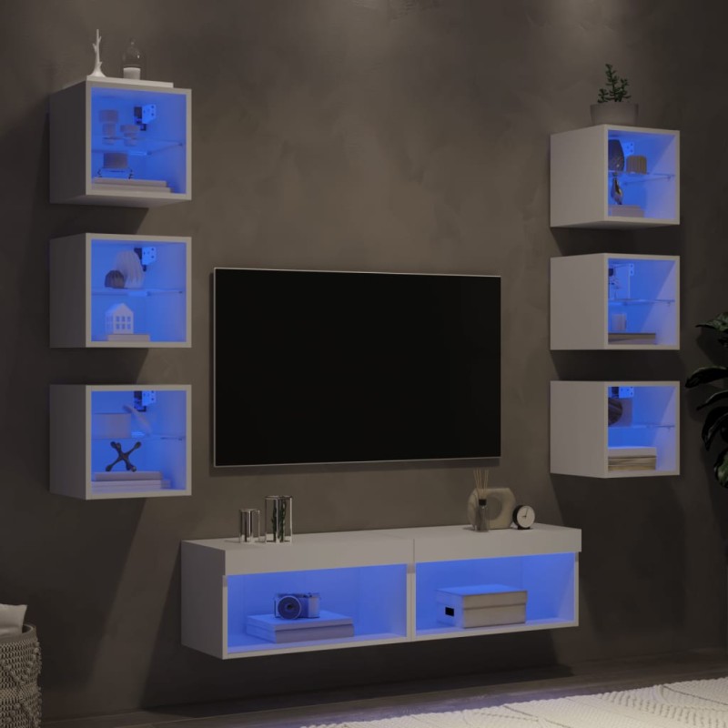 vidaXL Muebles de TV de pared con LED 8 pzas madera ingeniería blanco