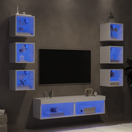 vidaXL Muebles de TV de pared con LED 8 pzas madera ingeniería blanco