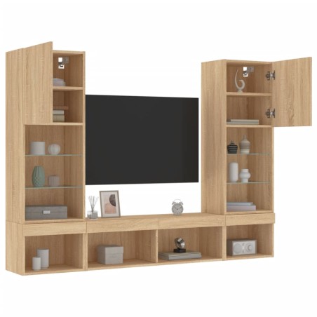 vidaXL Muebles TV pared con LED 5 pzas madera ingeniería roble Sonoma