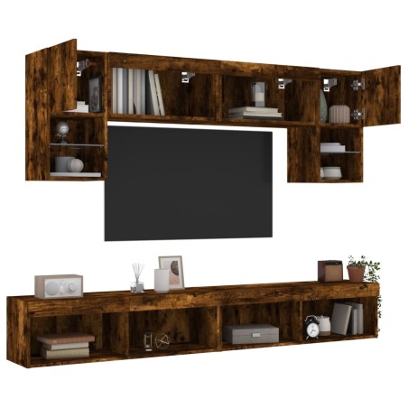 vidaXL Muebles TV pared con LED 6 pzas madera ingeniería roble ahumado