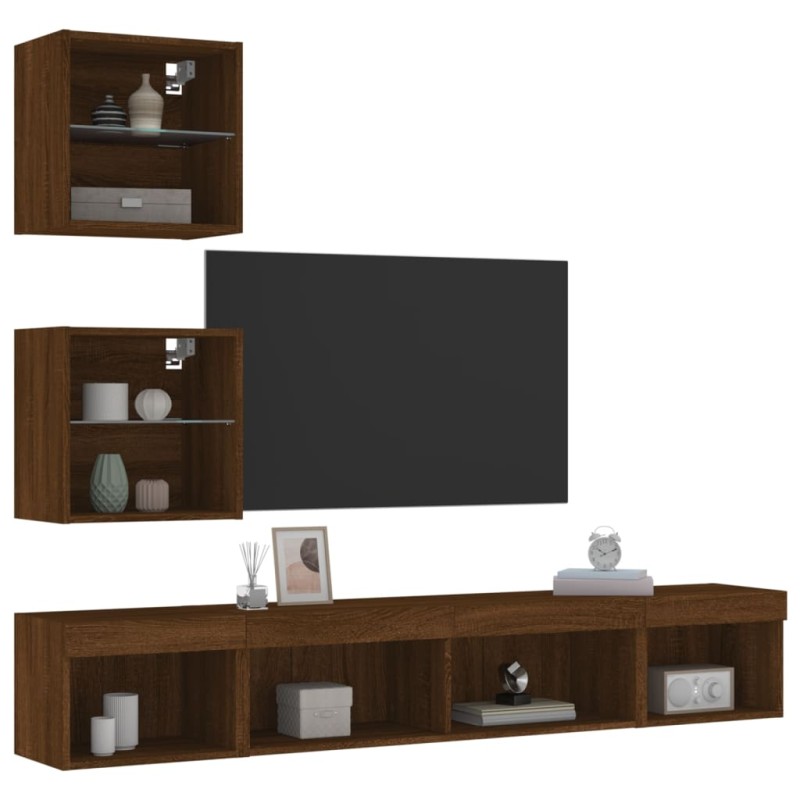 vidaXL Muebles TV pared con LED 5 pzas madera ingeniería marrón roble