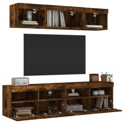 vidaXL Muebles TV pared con LED 5 pzas madera ingeniería roble ahumado