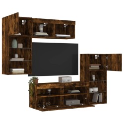 vidaXL Muebles TV pared con LED 5 pzas madera ingeniería roble ahumado